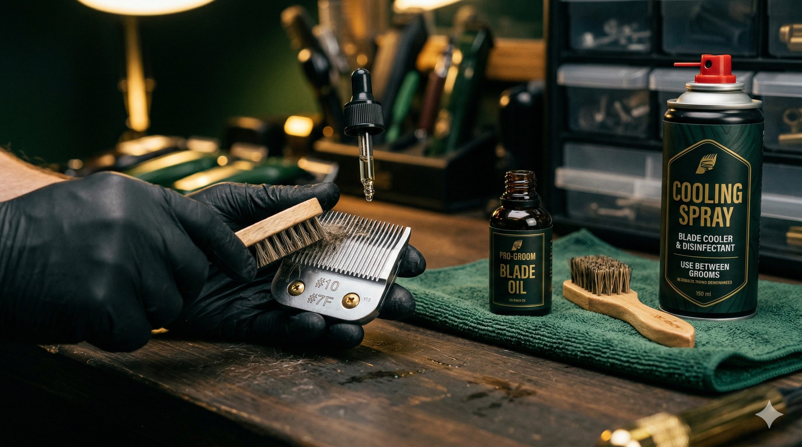 Professional grooming clipper with well-maintained sharp blades and cleaning supplies