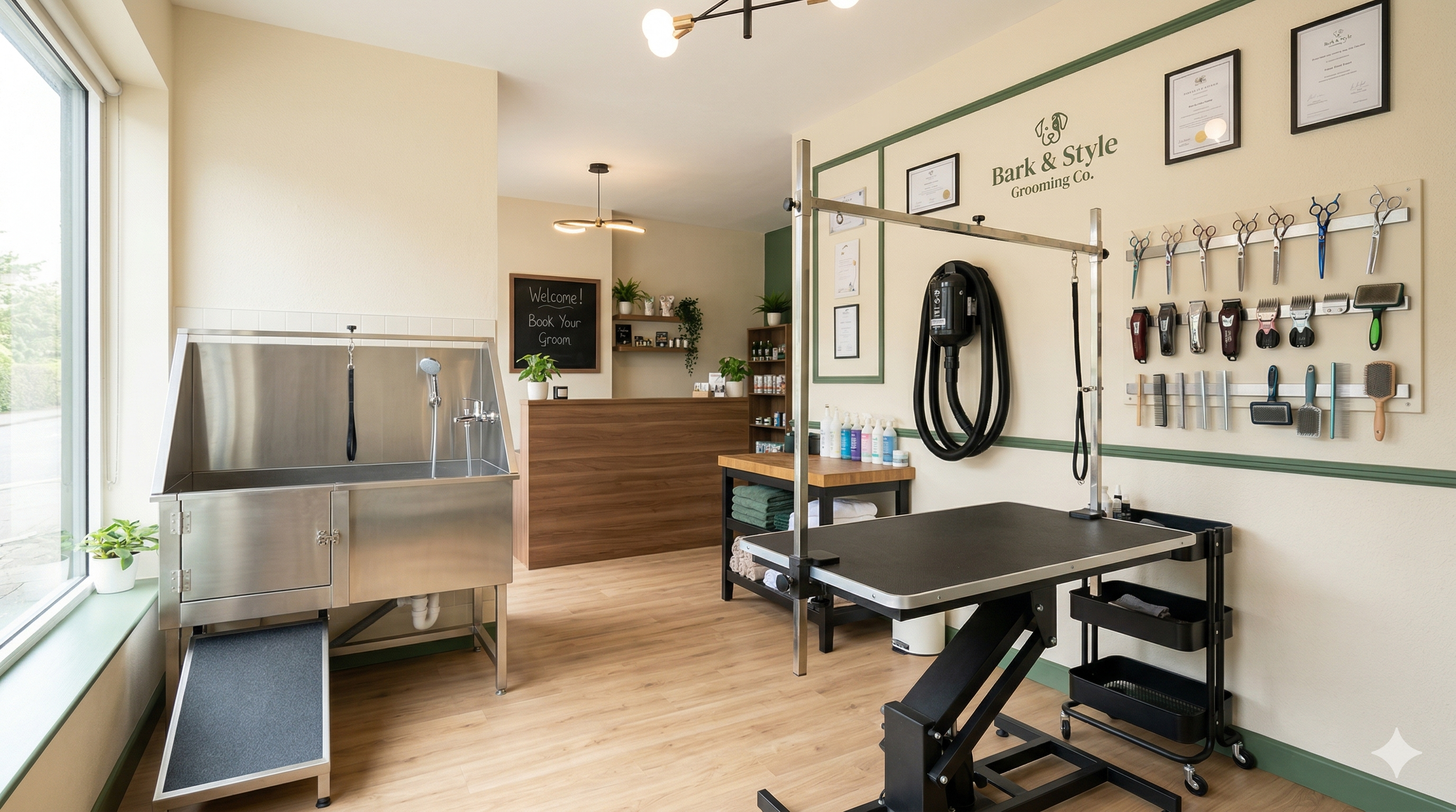 Professional dog grooming salon setup with grooming tables, dryers, and equipment