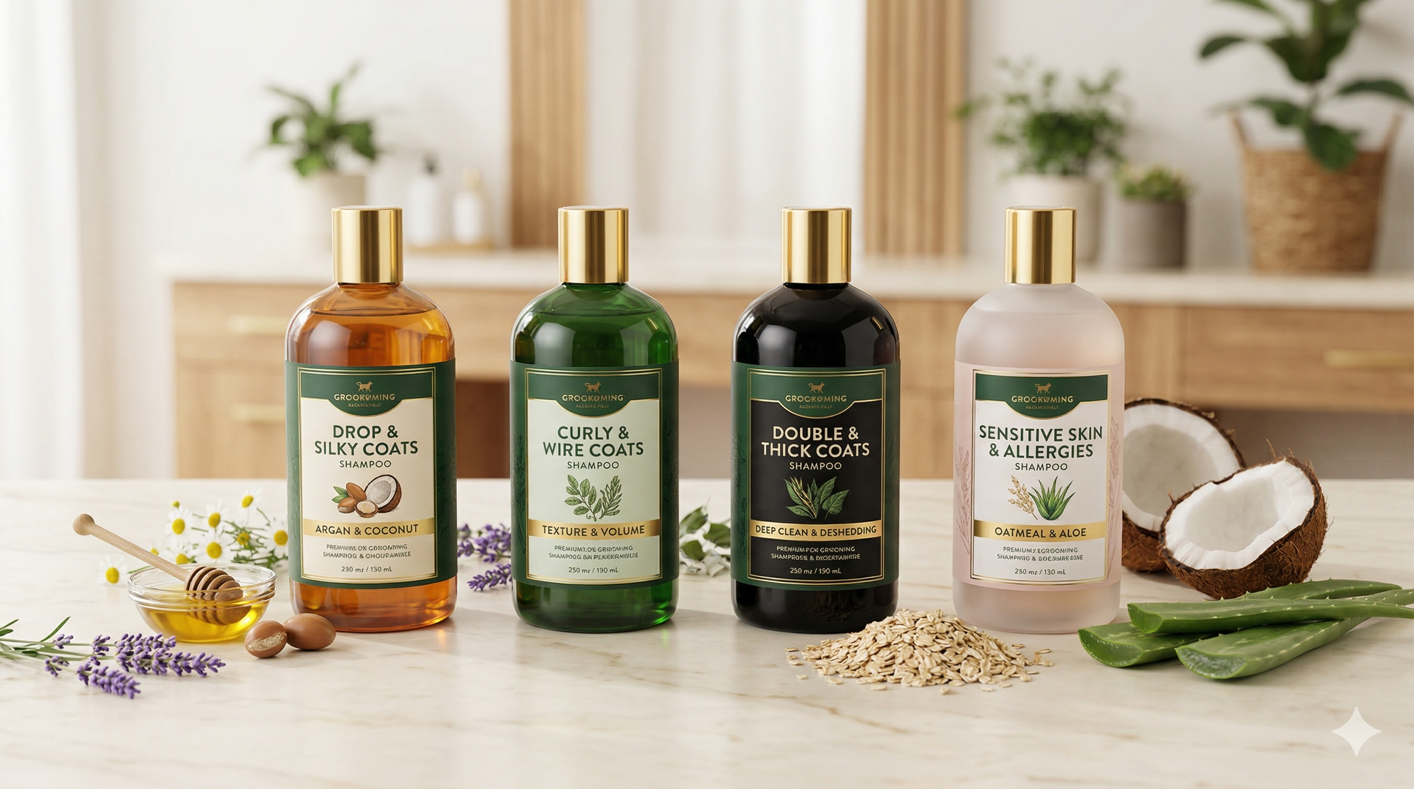 Professional dog grooming shampoos arranged for different coat types