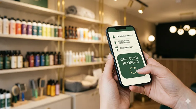 Groomer using one-click reorder on mobile phone in salon
