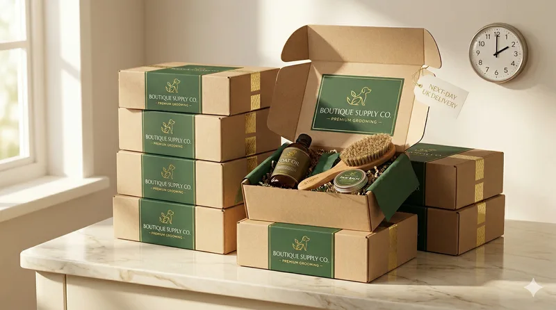 Boutique Supply Co branded boxes stacked and ready for next-day dispatch