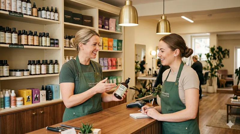 Two groomers discussing a product behind the salon counter