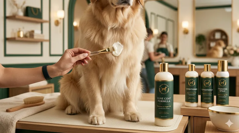 Groomer testing salon-quality products on a golden retriever