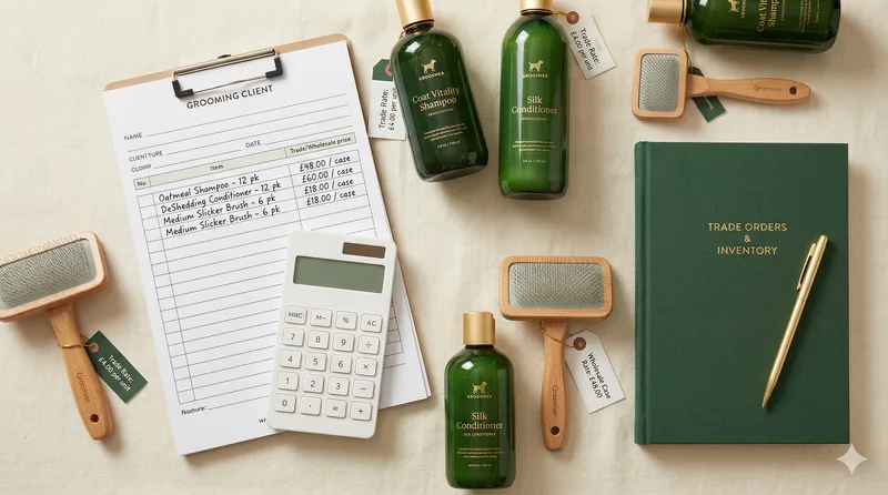 Trade order sheet with wholesale pricing and grooming products